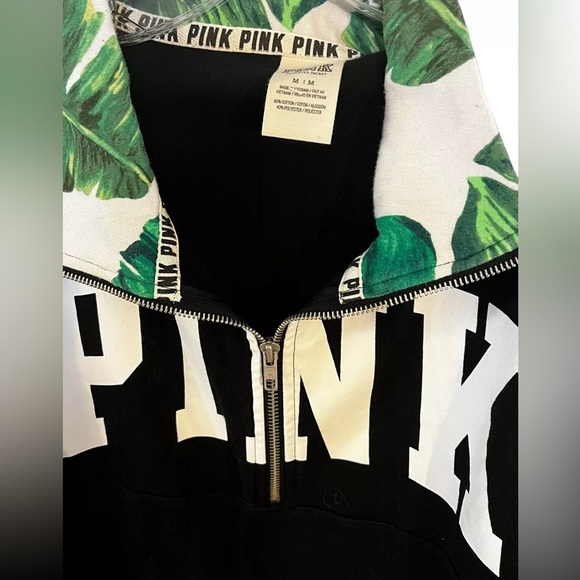 PINK Victoria's Secret Black 1/4 Zip Green  Floral Pullover Sweatshirt  M/M - Picture 2 of 4